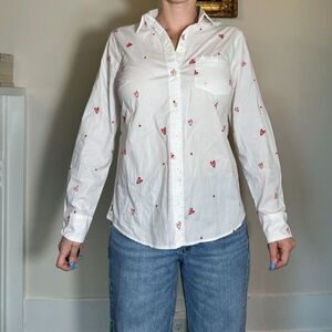 J Crew White Button Up Red Heart Detail Size Medium NWT